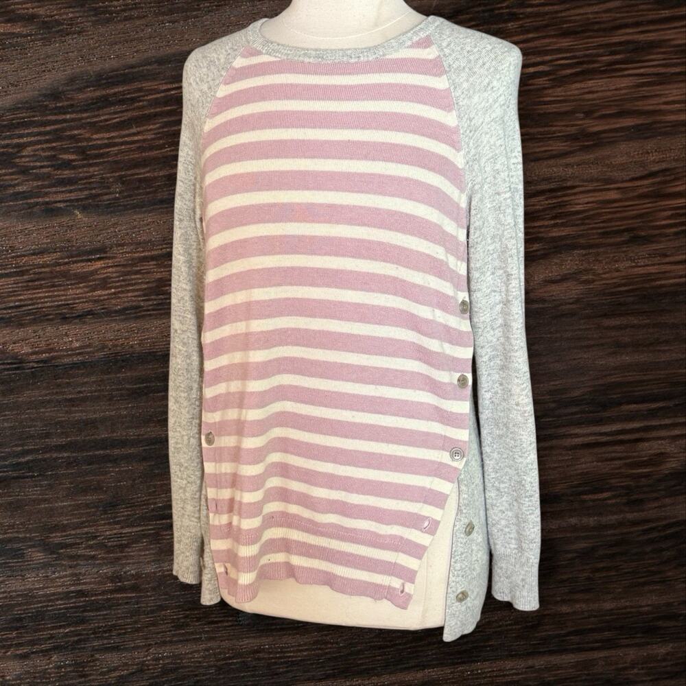 J.Crew Gray Pale Pink Stripe Side Button Sweater‎ Sz S Wool Blend Elbow Patches